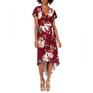 BCX Red High Low Faux Wrap Sundress with Flutter Sleeves and V-Neck